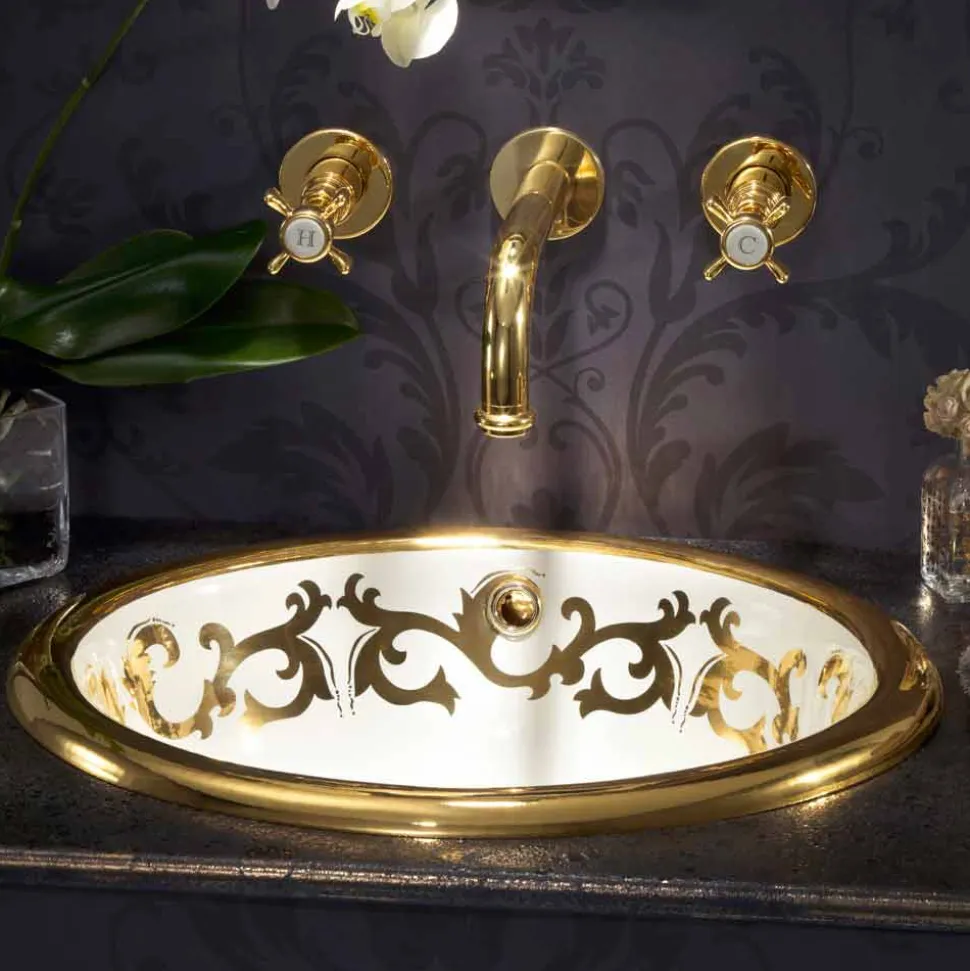 Lavabo a incasso decorato in fire clay e oro fatto in Italia, Otis