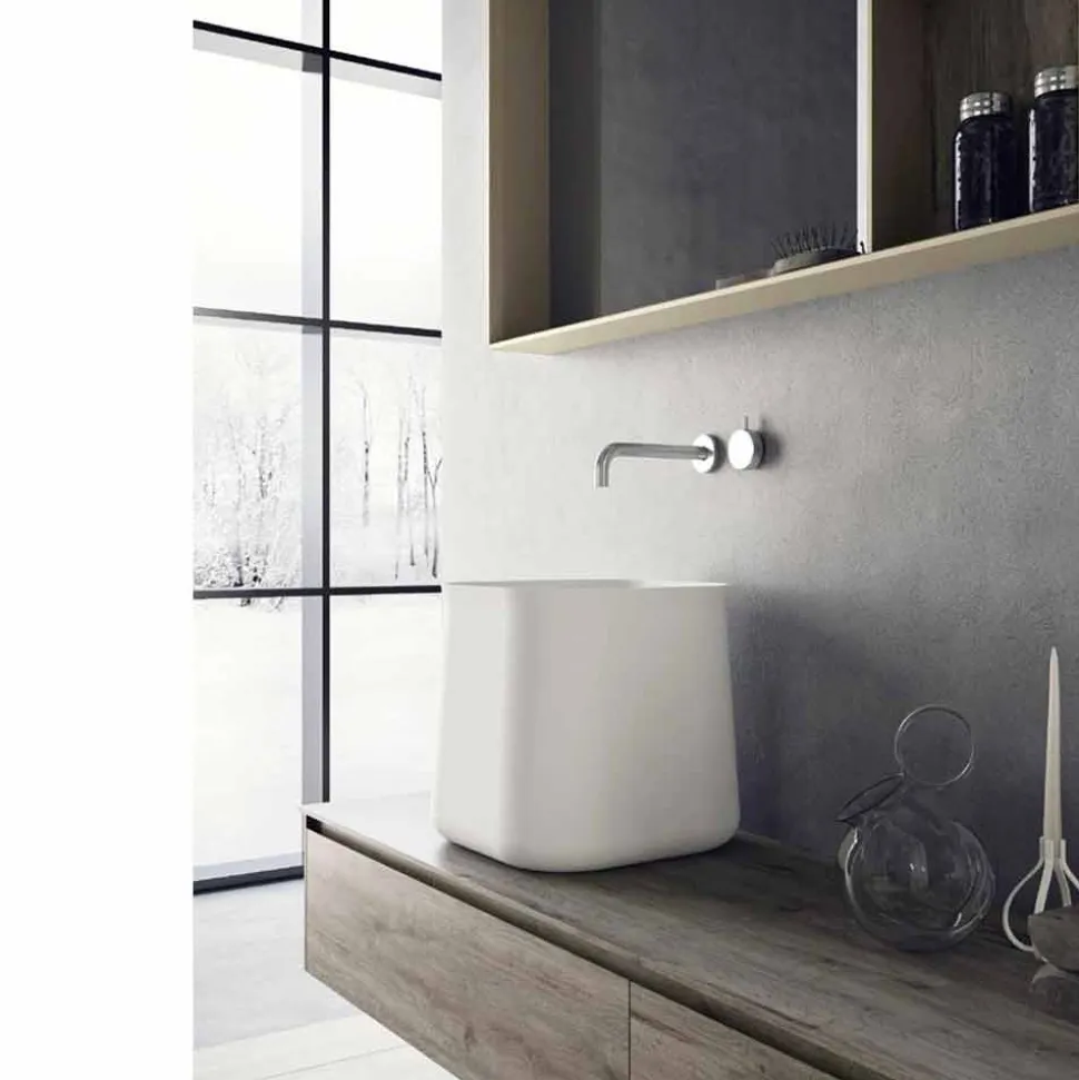 Lavabo Alto Quadrato di Design Moderno da Appoggio in Resina Bianca - Tulyp
