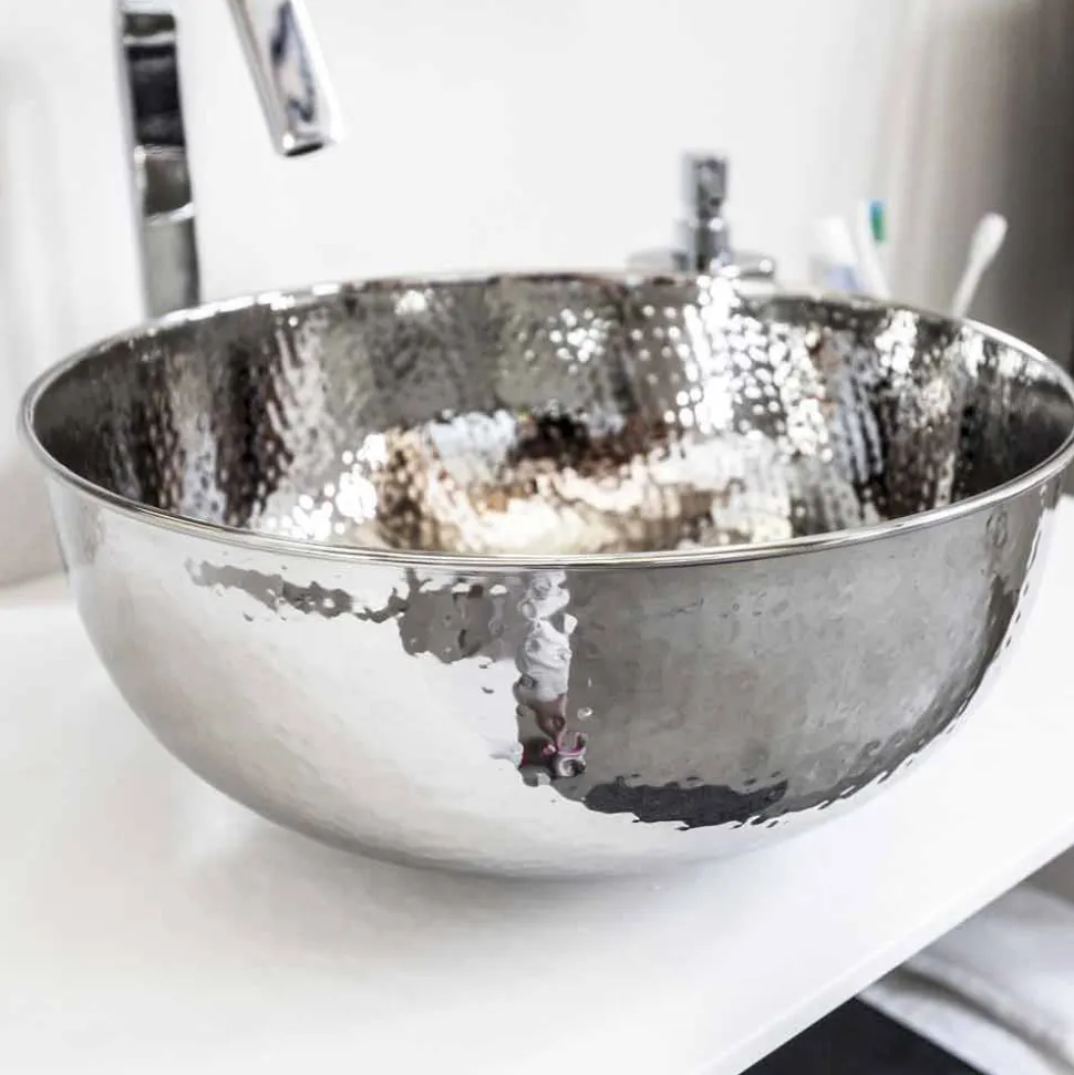 Lavabo Bagno Rotondo da Appoggio in Ottone Cromato Martellato - Diamond
