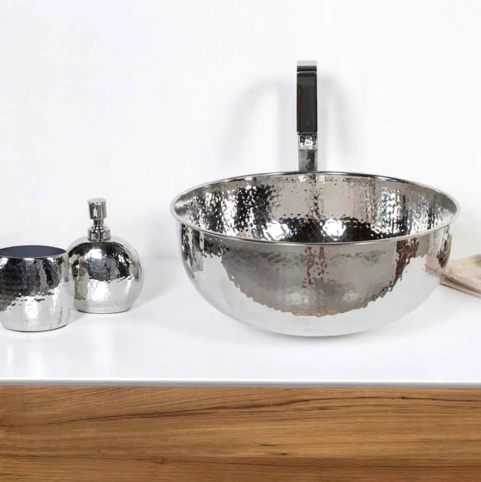 Lavabo Bagno Rotondo da Appoggio in Ottone Cromato Martellato - Diamond