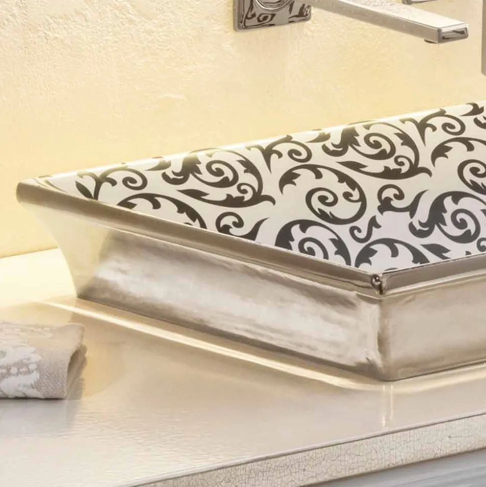 Lavabo bagno semincasso decorato a mano in fire clay made Italy, Guido