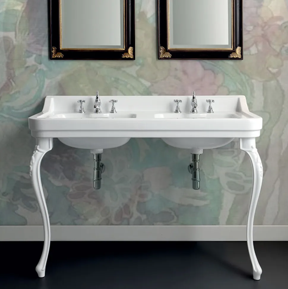 Lavabo Consolle in Ceramica Bianca con Doppia Vasca L 125 cm - Wollie