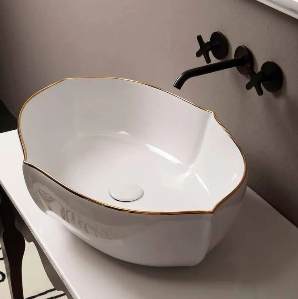 Lavabo da appoggio design ceramica bianco bordo oro made Italy Oscar