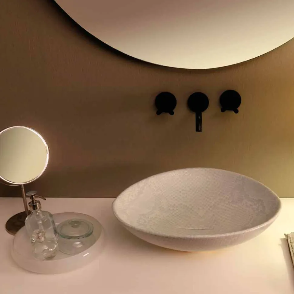 Lavabo da appoggio design ceramica pitonata bianca made Italy Animals