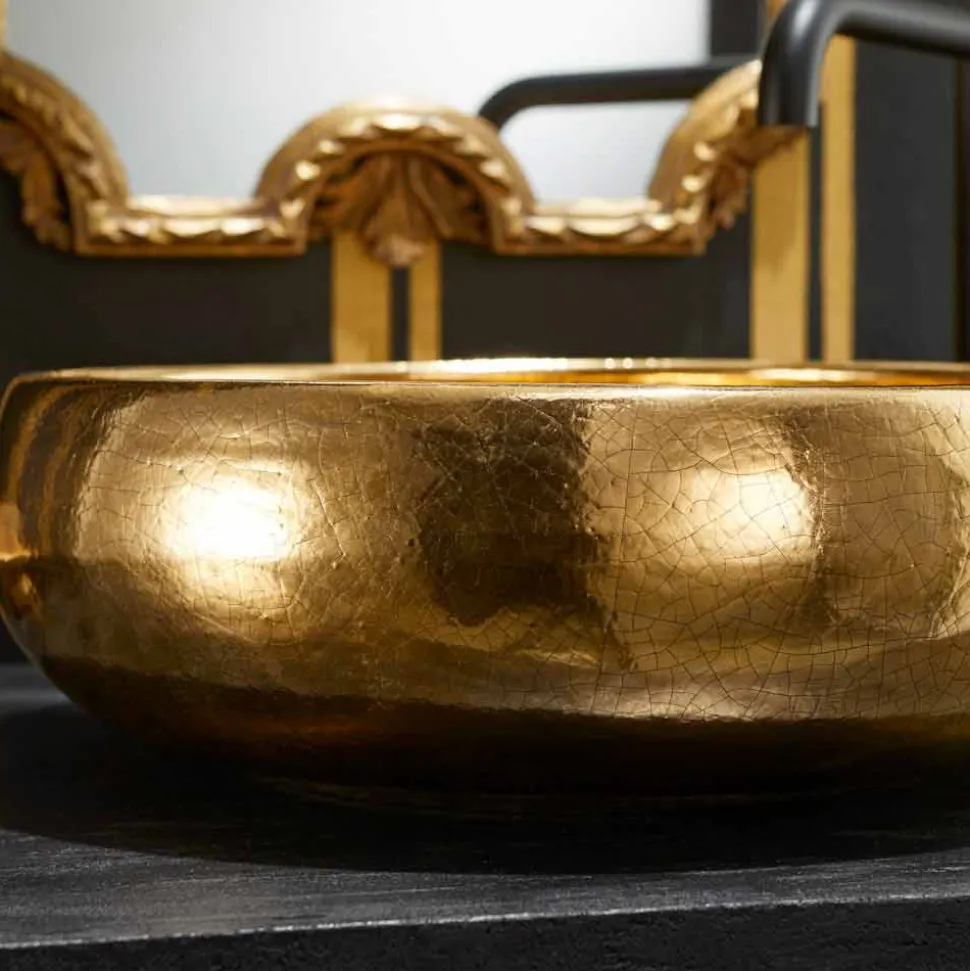 Lavabo da appoggio di design in ceramica raku oro made in Italy, Ramon