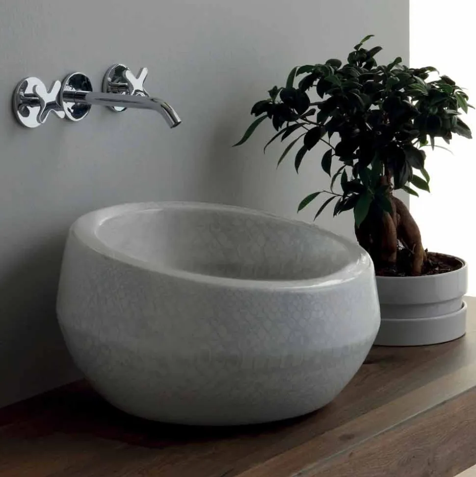 Lavabo da appoggio in ceramica pitonata bianco made in Italy Elisa