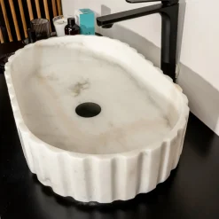 Lavabo da Appoggio Ovale per il Bagno Realizzato in Marmo Bianco - Cunzite