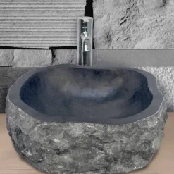 Lavabo da Appoggio Pezzo Unico in Marmo Nero Mumbai, non riproducibile in serie