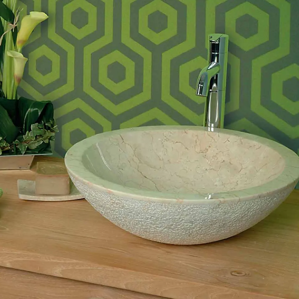 Lavabo da Appoggio rotondo in Pietra Naturale Beige esterno Grezzo Pai