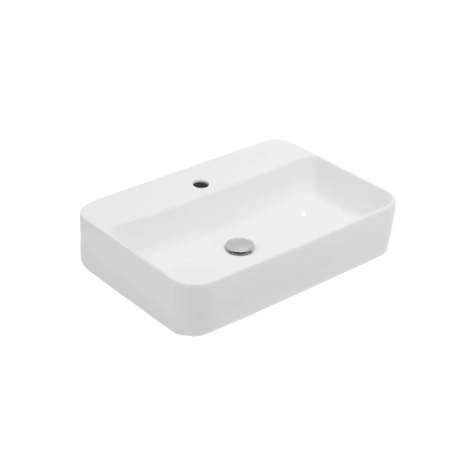 Lavabo da Appoggio Squadrato in Ceramica Bianca e Foro Rubinetteria - Aster