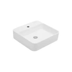 Lavabo da Appoggio Squadrato in Ceramica Bianca e Foro Rubinetteria - Aster