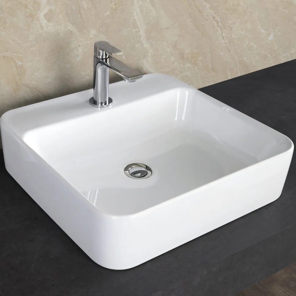 Lavabo da Appoggio Squadrato in Ceramica Bianca e Foro Rubinetteria - Aster