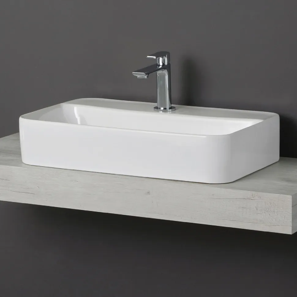 Lavabo da Appoggio Squadrato in Ceramica Bianca e Foro Rubinetteria - Aster