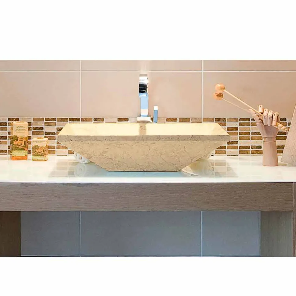 Lavabo da Appoggio trapezoidale in Marmo Beige Wok, design naturale