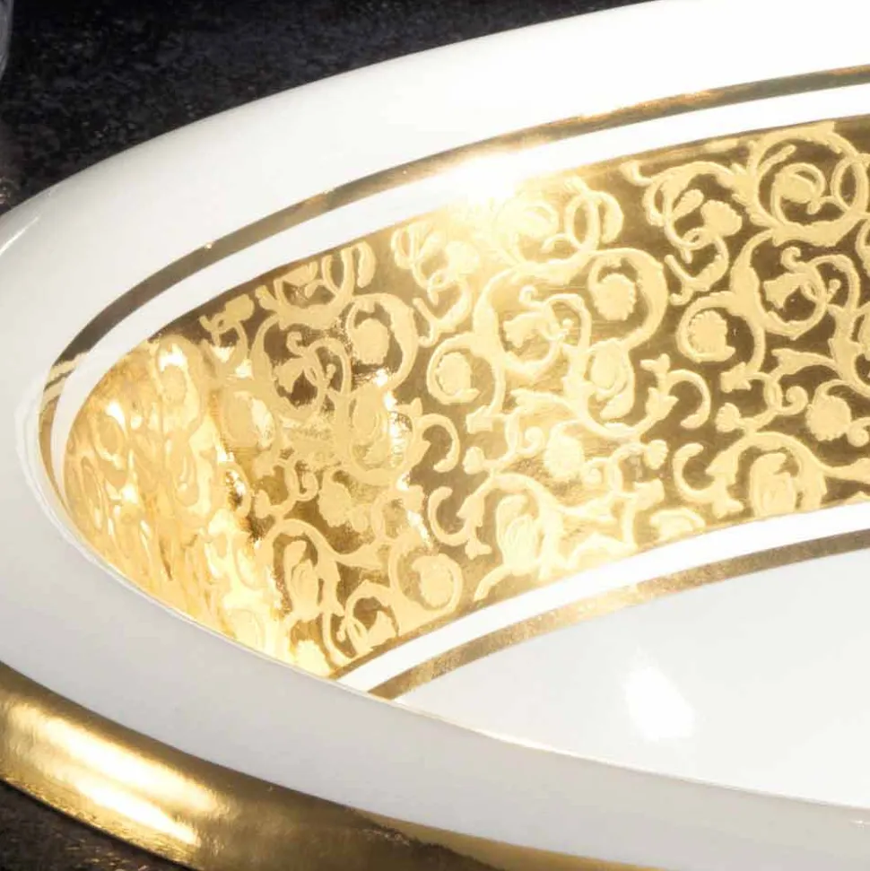 Lavabo da incasso tondo in fire clay e oro fatto in Italia, Otis