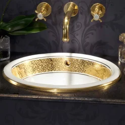 Lavabo da incasso tondo in fire clay e oro fatto in Italia, Otis