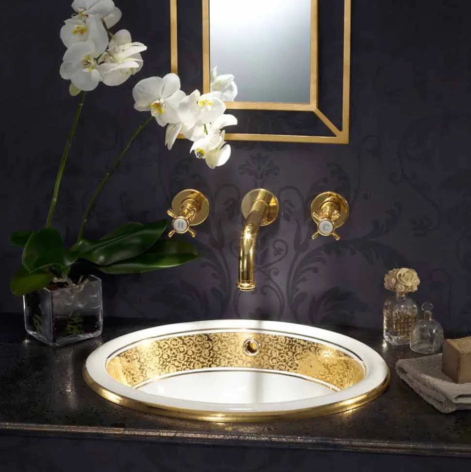 Lavabo da incasso tondo in fire clay e oro fatto in Italia, Otis