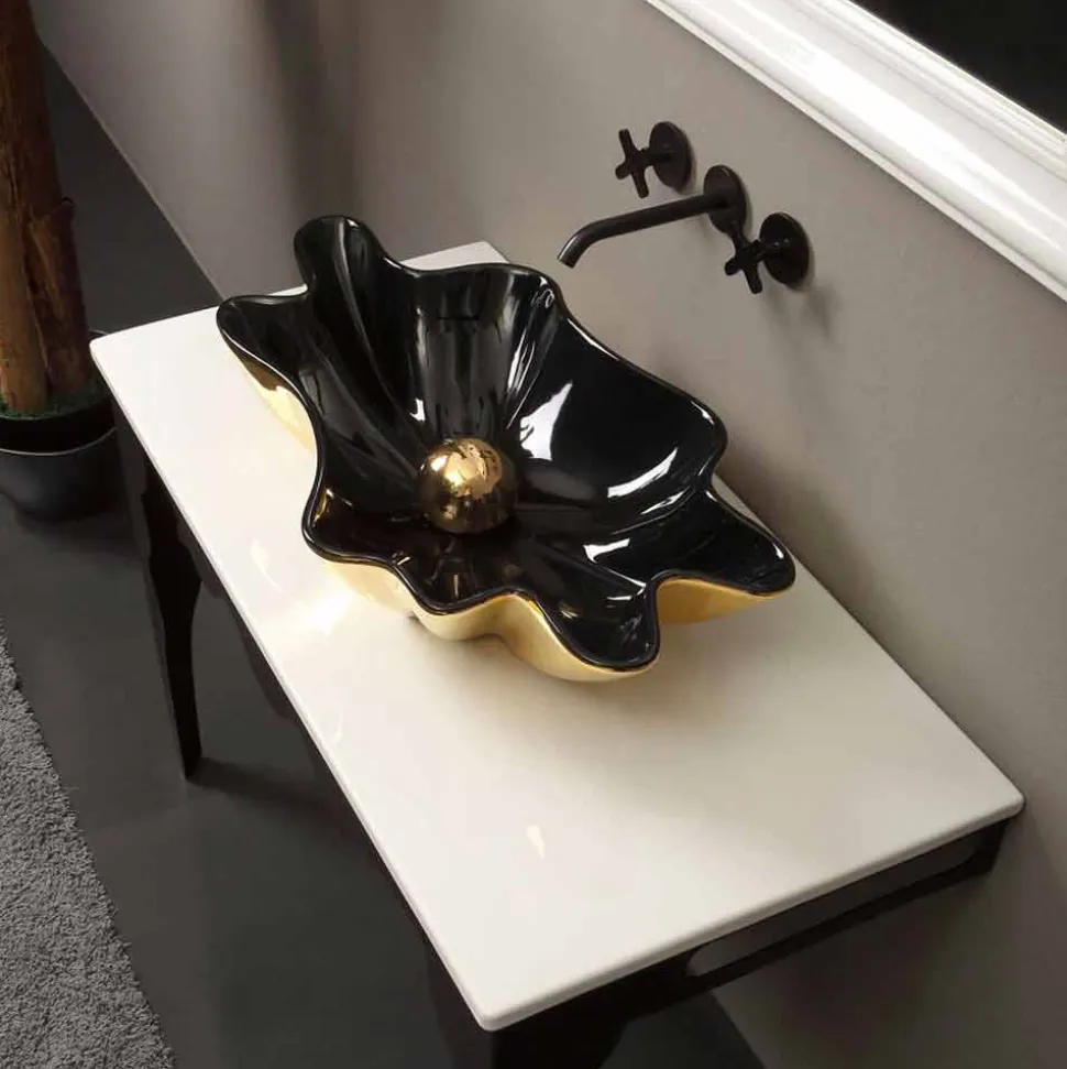 Lavabo di design da appoggio ceramica nero e oro made in Italy Rayan