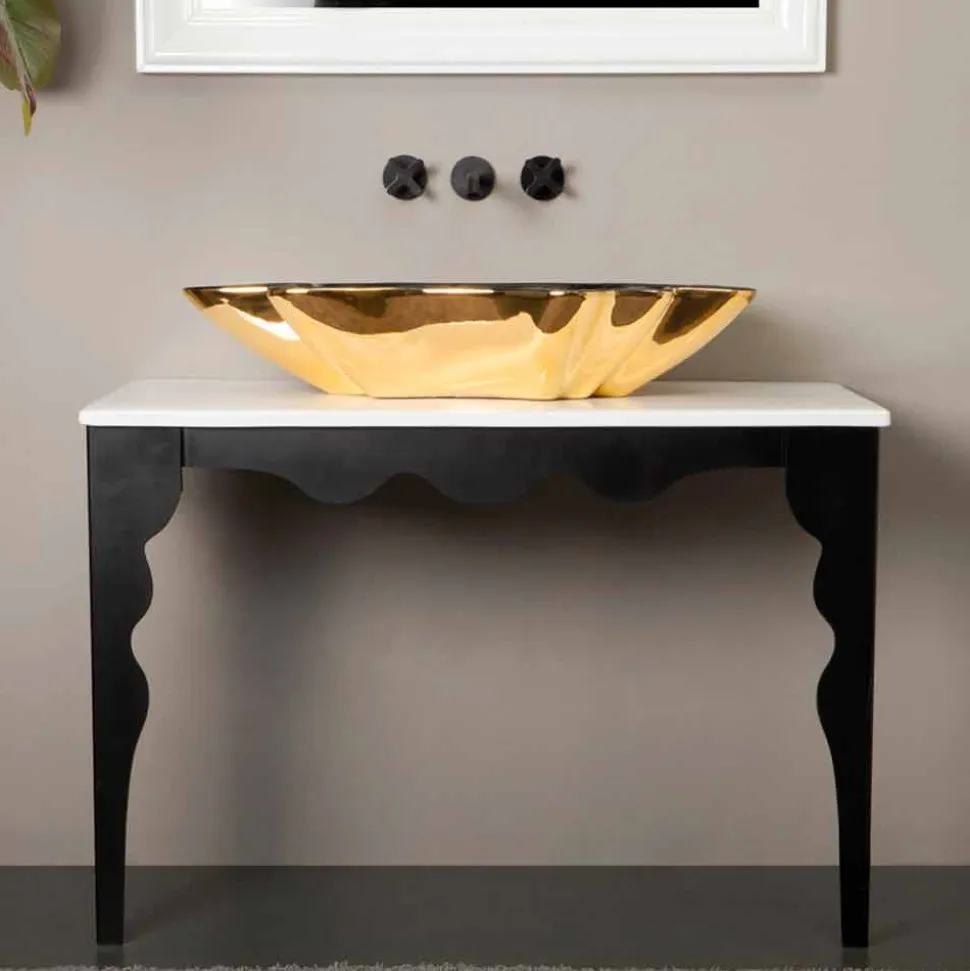 Lavabo di design da appoggio ceramica nero e oro made in Italy Rayan