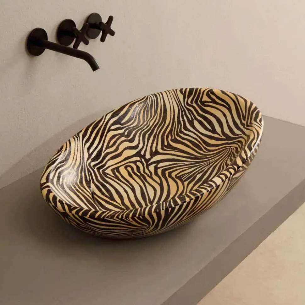 Lavabo di design da appoggio ceramica zebra arancio made Italy Glossy