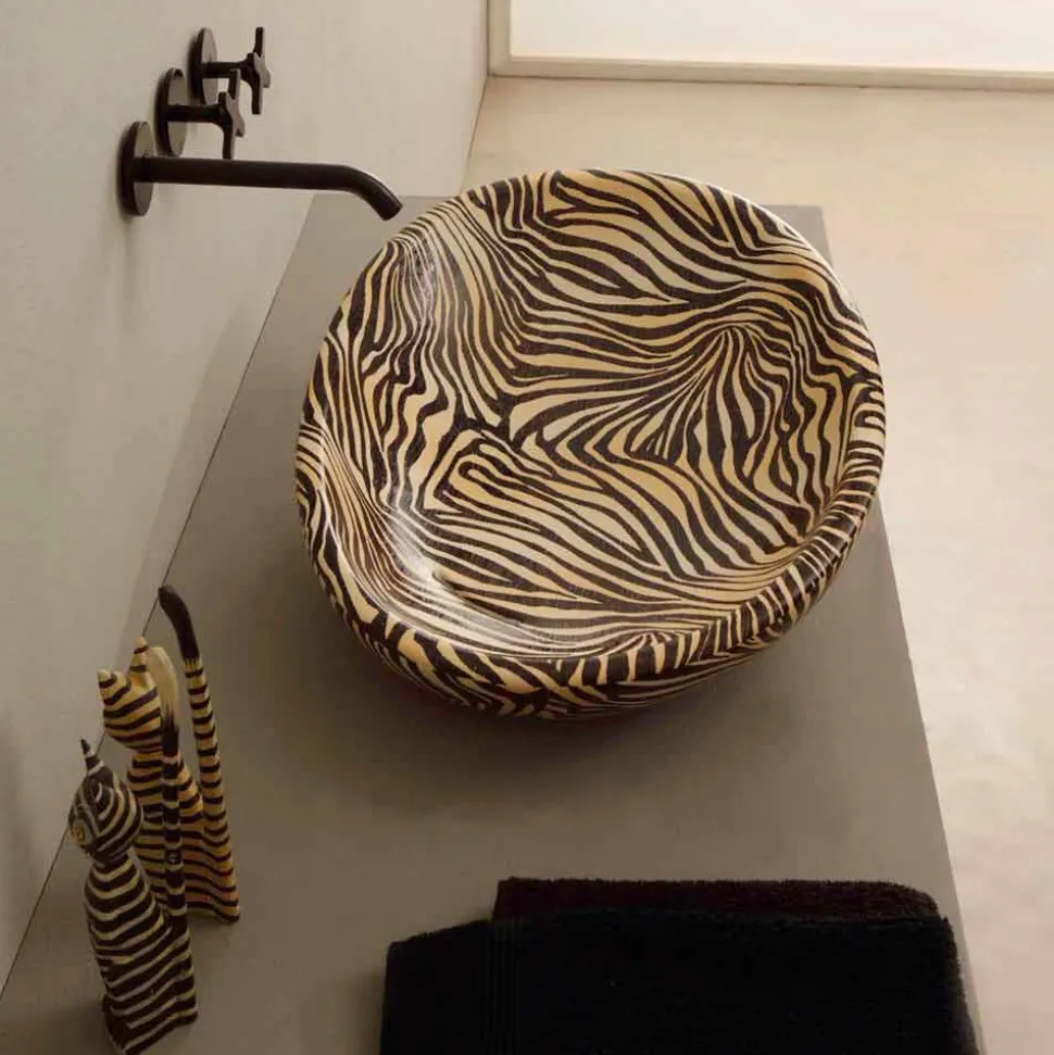 Lavabo di design da appoggio ceramica zebra arancio made Italy Glossy