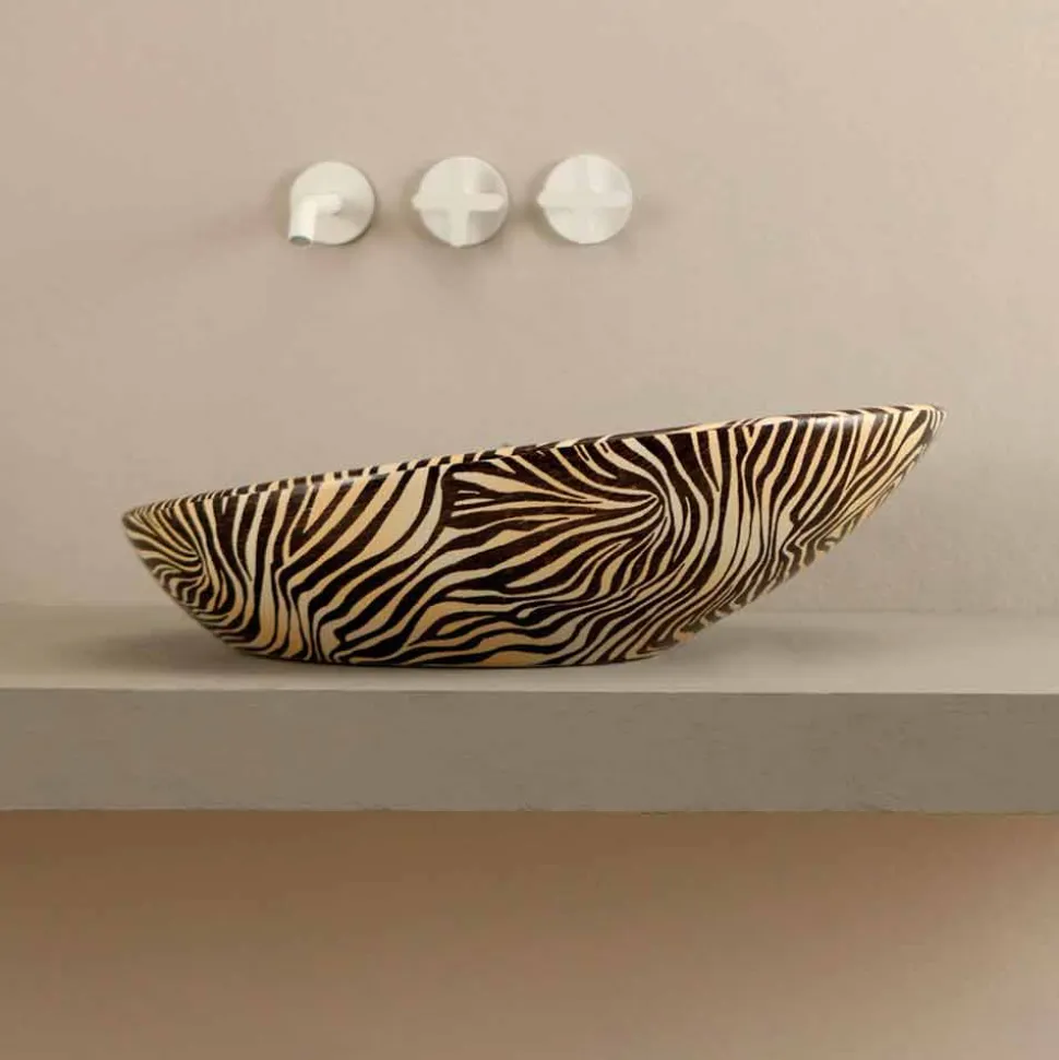 Lavabo di design da appoggio ceramica zebra arancio made Italy Glossy
