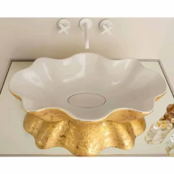 Lavabo di design da appoggio in ceramica bianco e oro made Italy Cubo