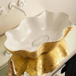 Lavabo di design da appoggio in ceramica bianco e oro made Italy Cubo