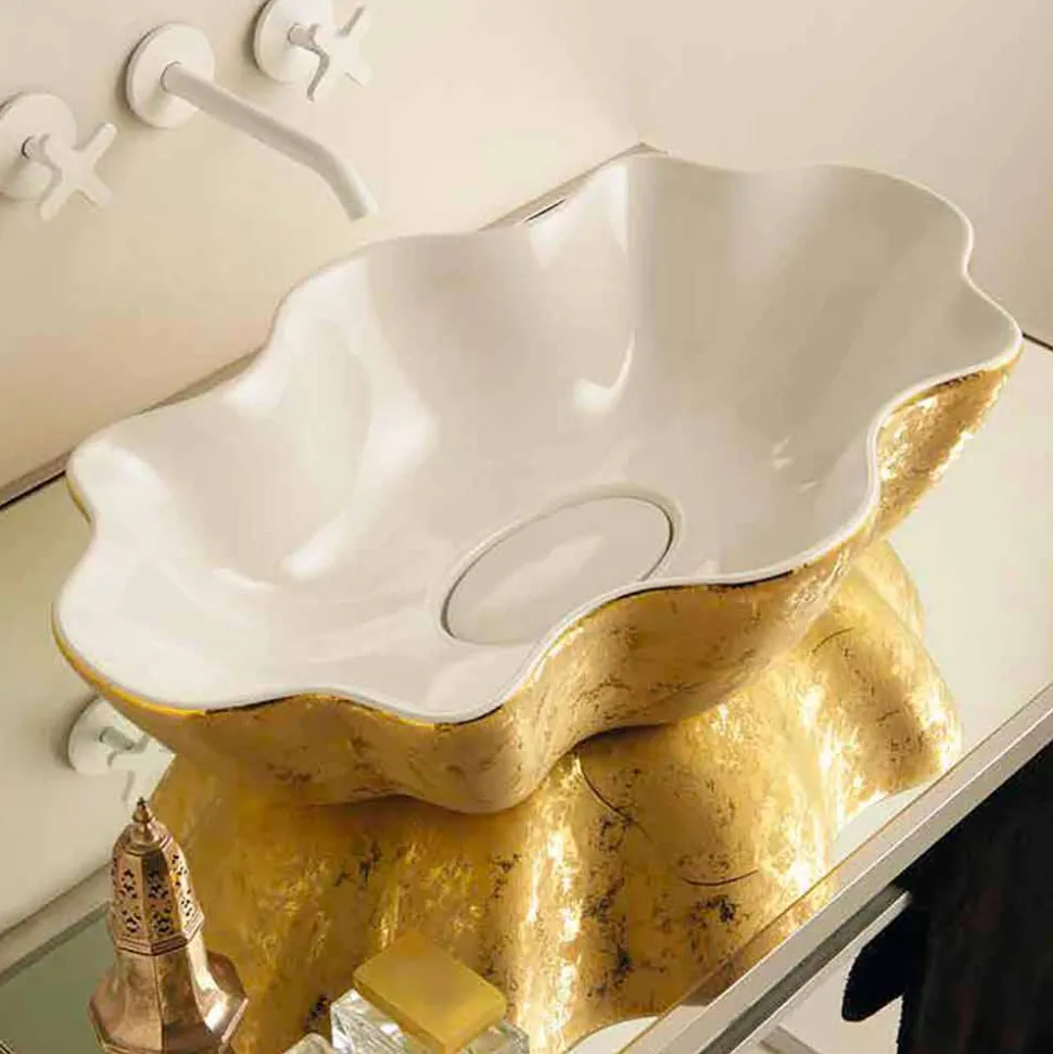 Lavabo di design da appoggio in ceramica bianco e oro made Italy Cubo