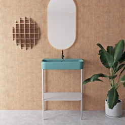 Lavabo in Ceramica con Struttura a Terra con Ripiano Made in Italy - Graffa