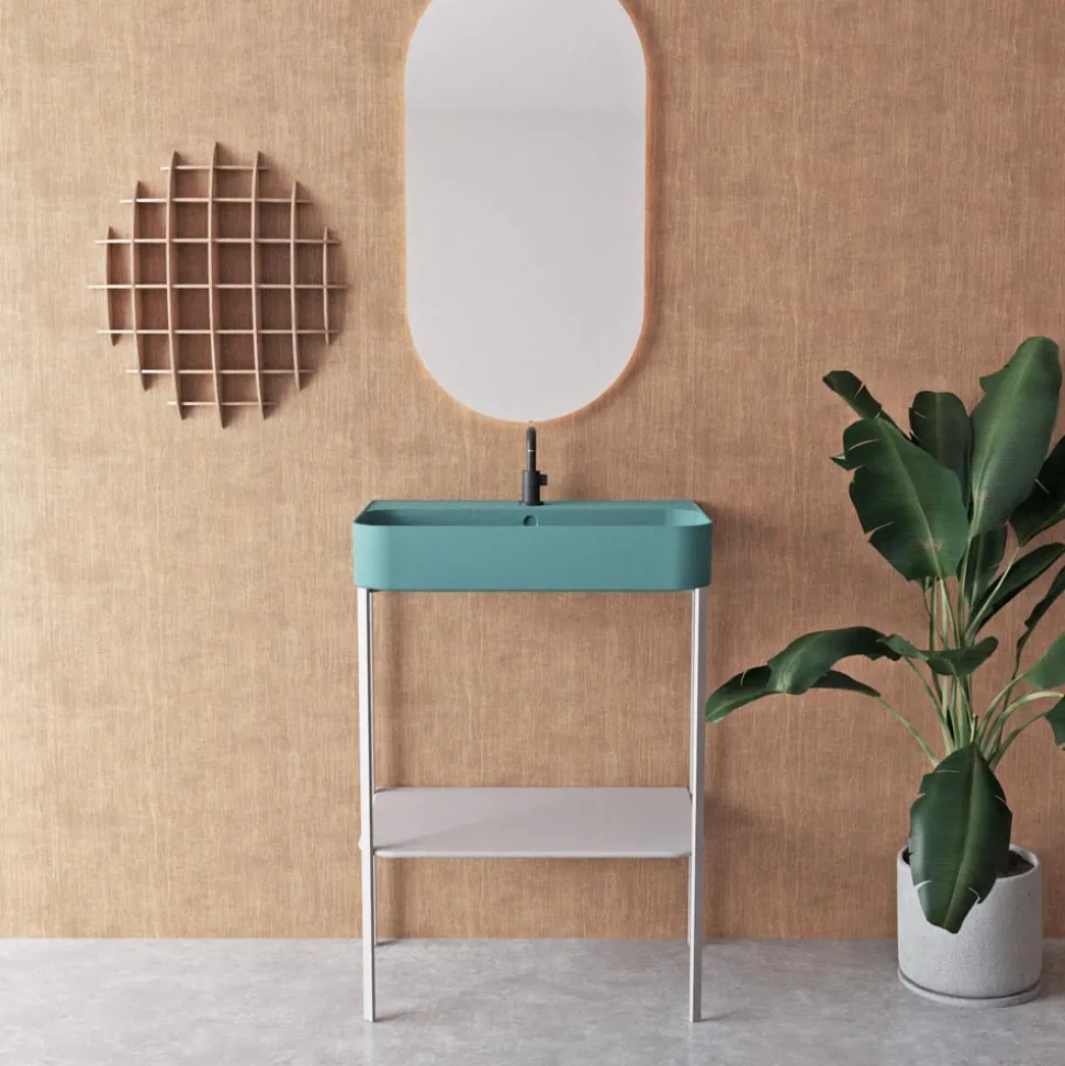 Lavabo in Ceramica con Struttura a Terra con Ripiano Made in Italy - Graffa
