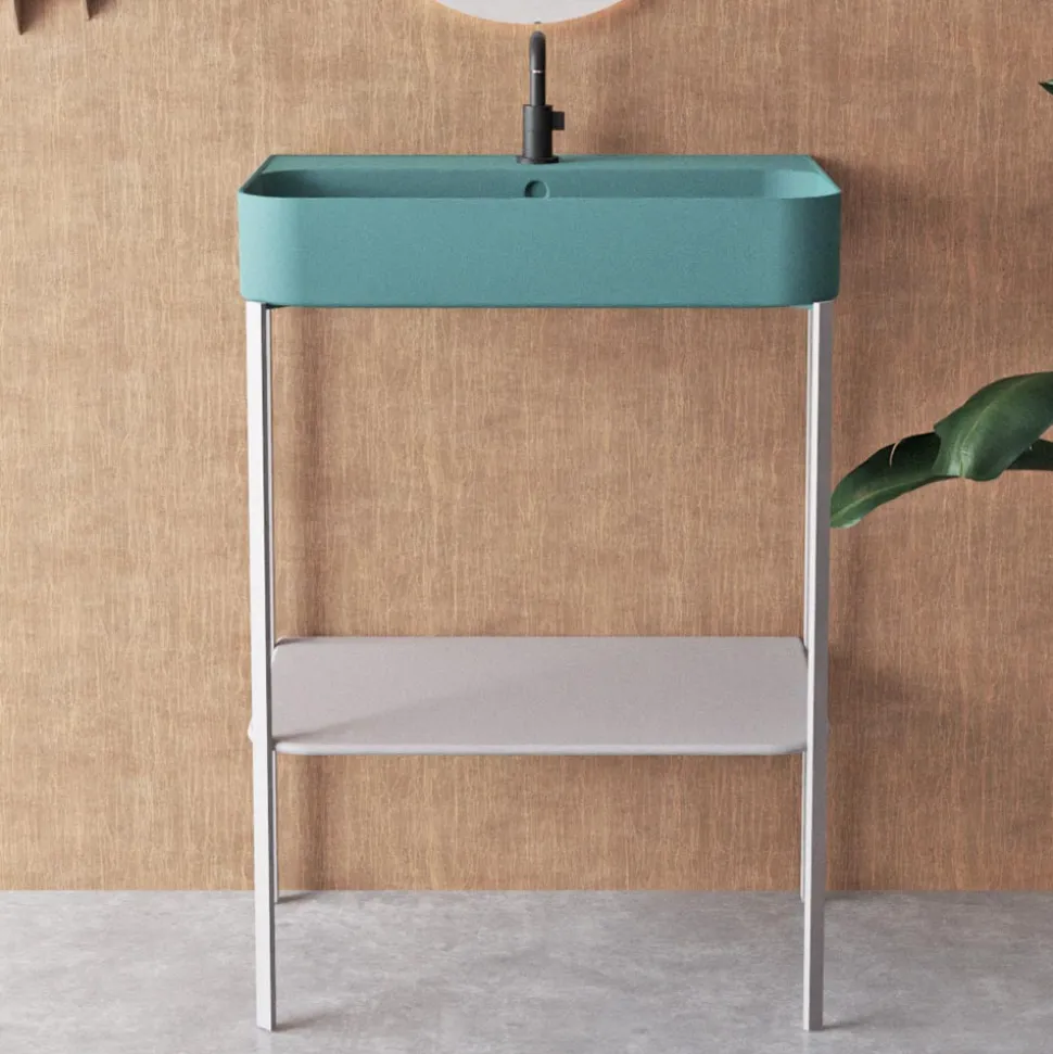 Lavabo in Ceramica con Struttura a Terra con Ripiano Made in Italy - Graffa