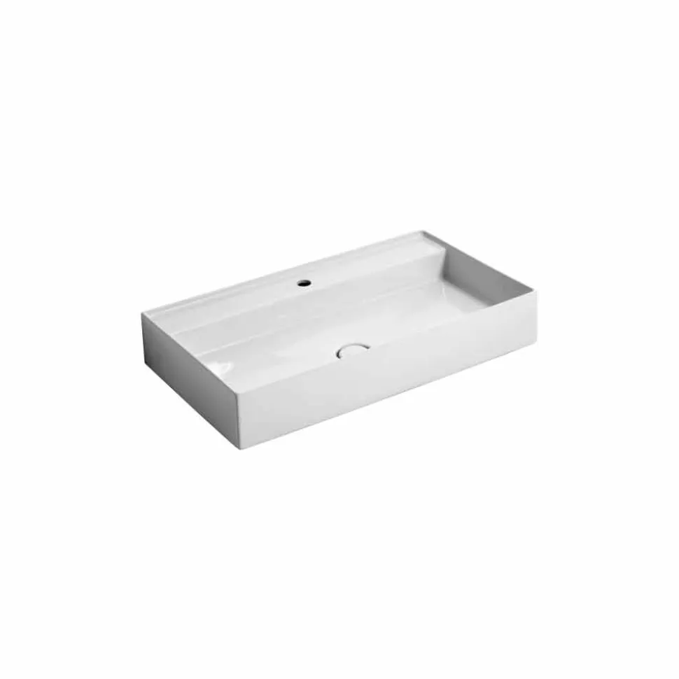 Lavabo in ceramica sospeso design moderno Sun 80x45 cm, made in Italy