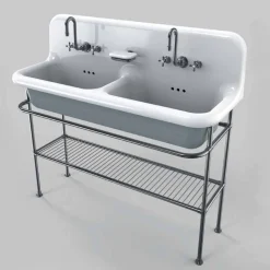 Lavabo in ceramica vintage a due vasche da appoggio su struttura Calvin