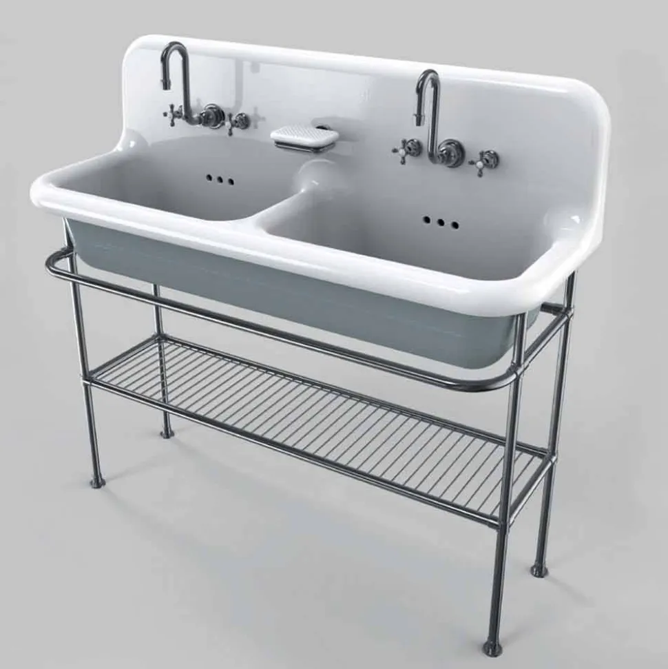 Lavabo in ceramica vintage a due vasche da appoggio su struttura Calvin