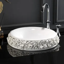 Lavabo in Porcellana con Petali Applicati a Mano Made in Italy - Amarone