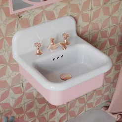 Lavabo per il Bagno Sospeso e in Ceramica Color Bianco e Rosa Confetto - Manila
