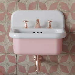 Lavabo per il Bagno Sospeso e in Ceramica Color Bianco e Rosa Confetto - Manila