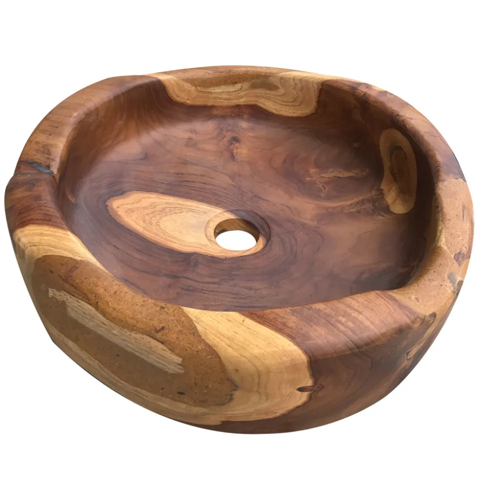 Lavabo Rotondo da Appoggio Moderno in Teak Naturale Levigato - Zino