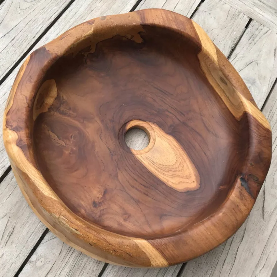 Lavabo Rotondo da Appoggio Moderno in Teak Naturale Levigato - Zino