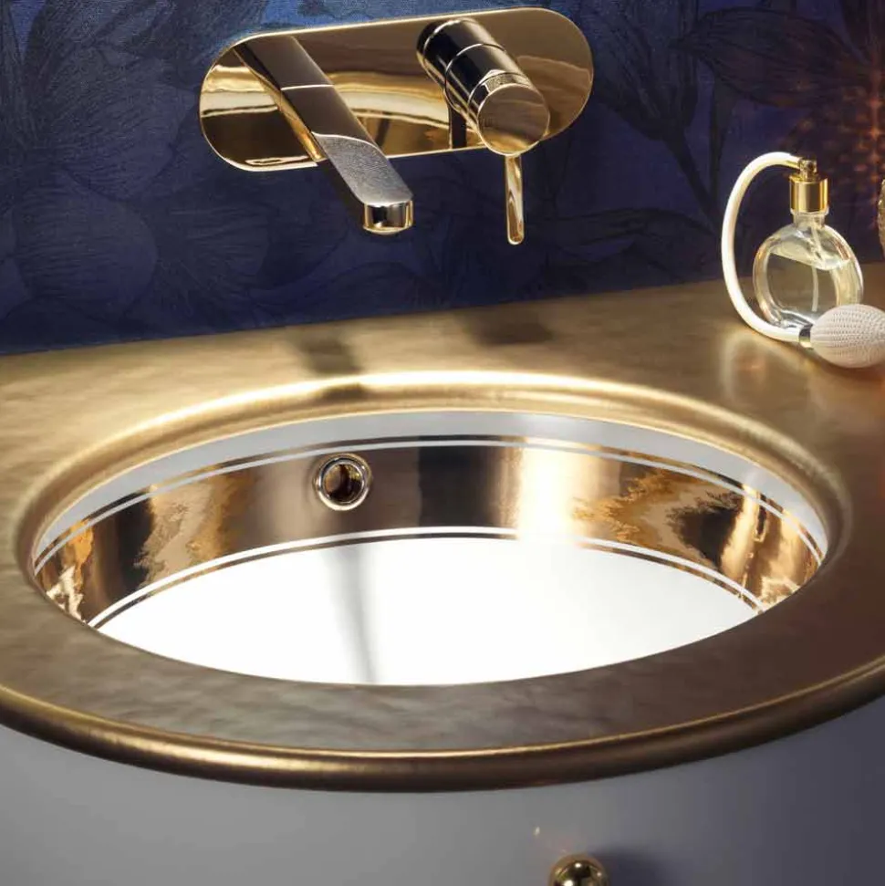 Lavabo sottopiano barocco in fire clay e oro made in Italy, Egeo