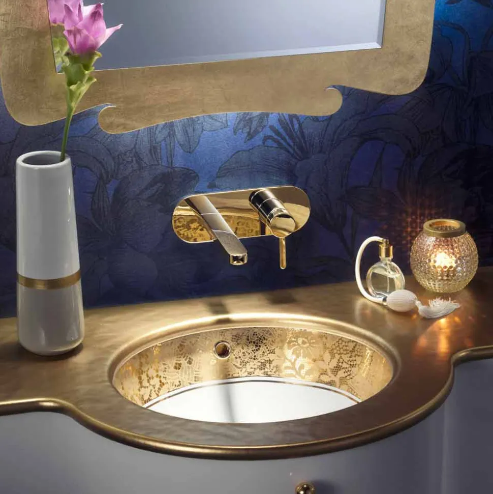 Lavabo sottopiano in fire clay e oro fatto a mano in Italia, Egeo