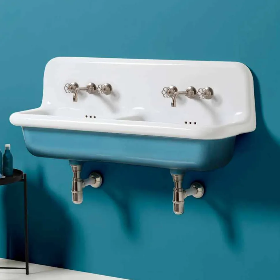 Lavabo vintage da muro a doppia vasca in ceramica di design Jack