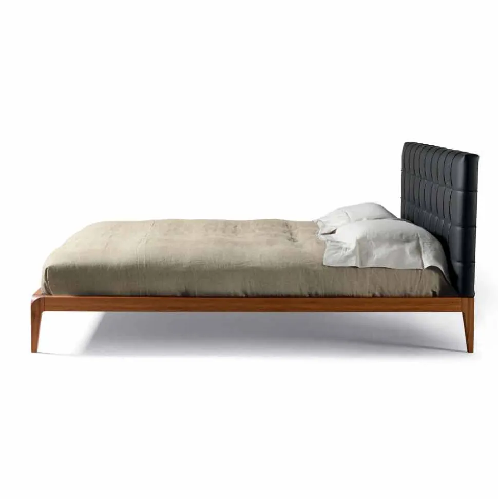 Letto Matrimoniale in Legno di Noce con Testata in Pelle Leilo