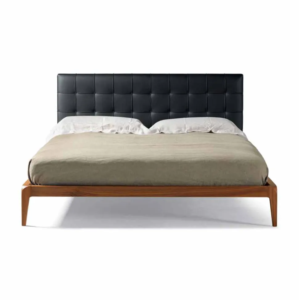 Letto Matrimoniale in Legno di Noce con Testata in Pelle Leilo