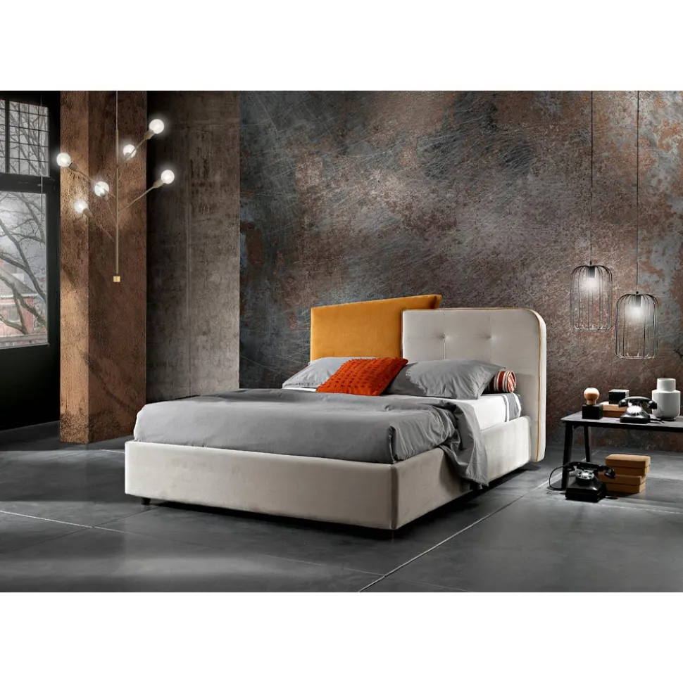 Letto Matrimoniale Moderno Design in Velluto Grigio e Arancione - Plorifon