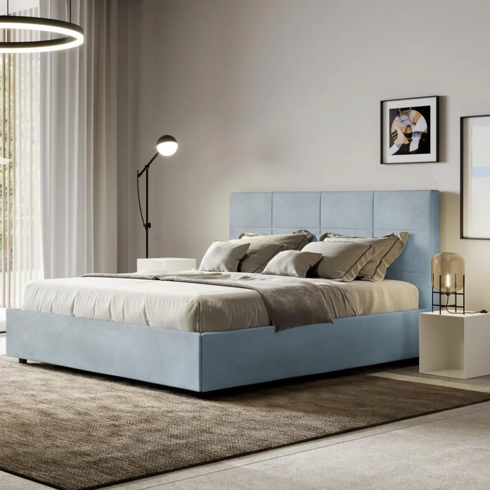 Letto 160x200 cm con Testata a Rettangoli in Microfibra Made in Italy - Brina