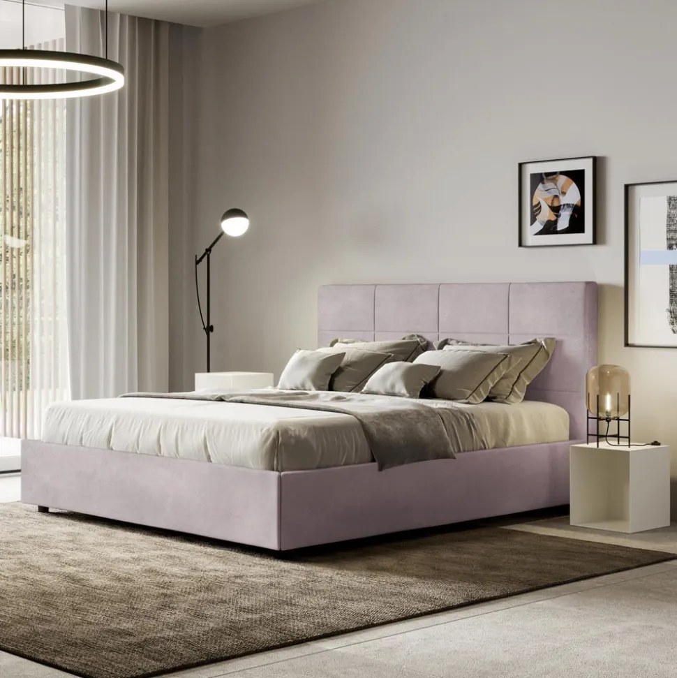 Letto 160x200 cm con Testata a Rettangoli in Microfibra Made in Italy - Brina