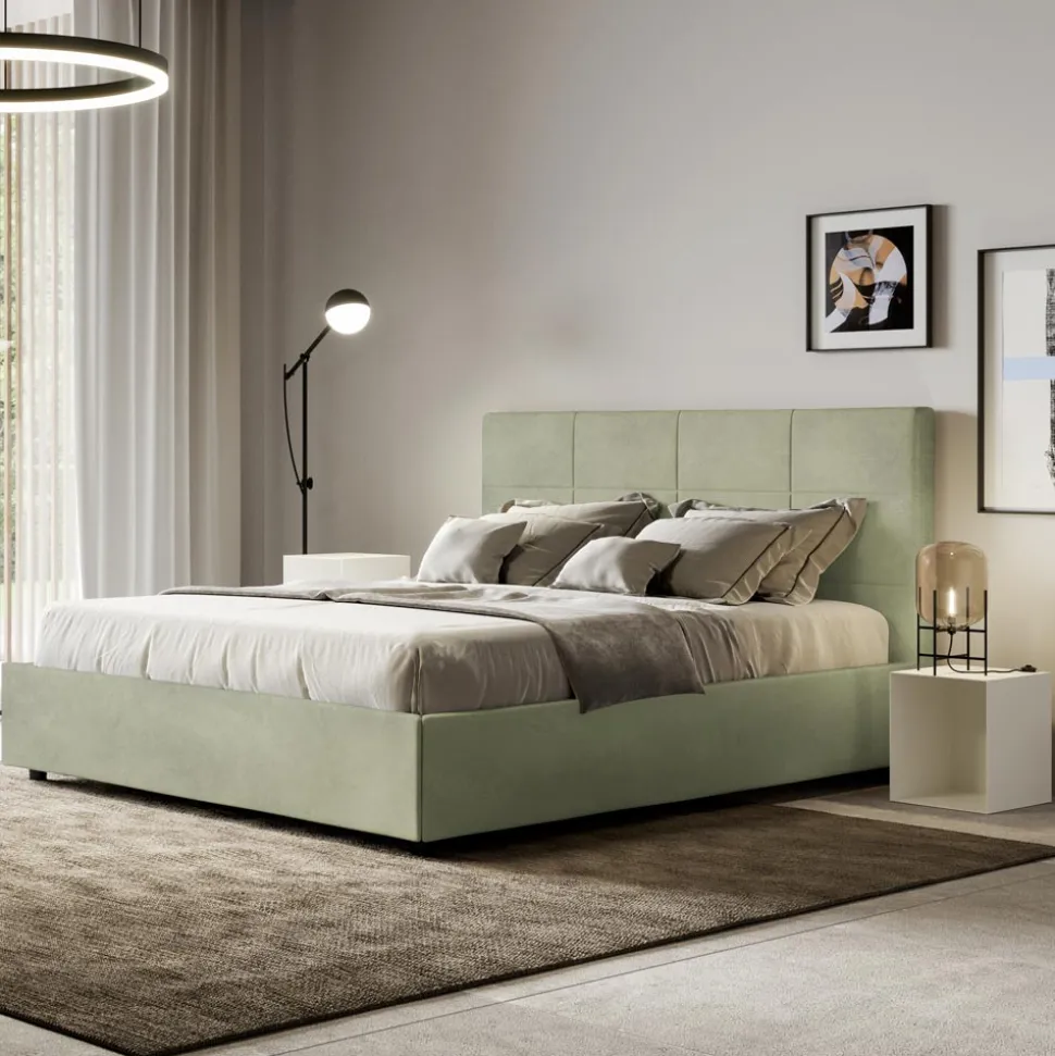 Letto 160x200 cm con Testata a Rettangoli in Microfibra Made in Italy - Brina
