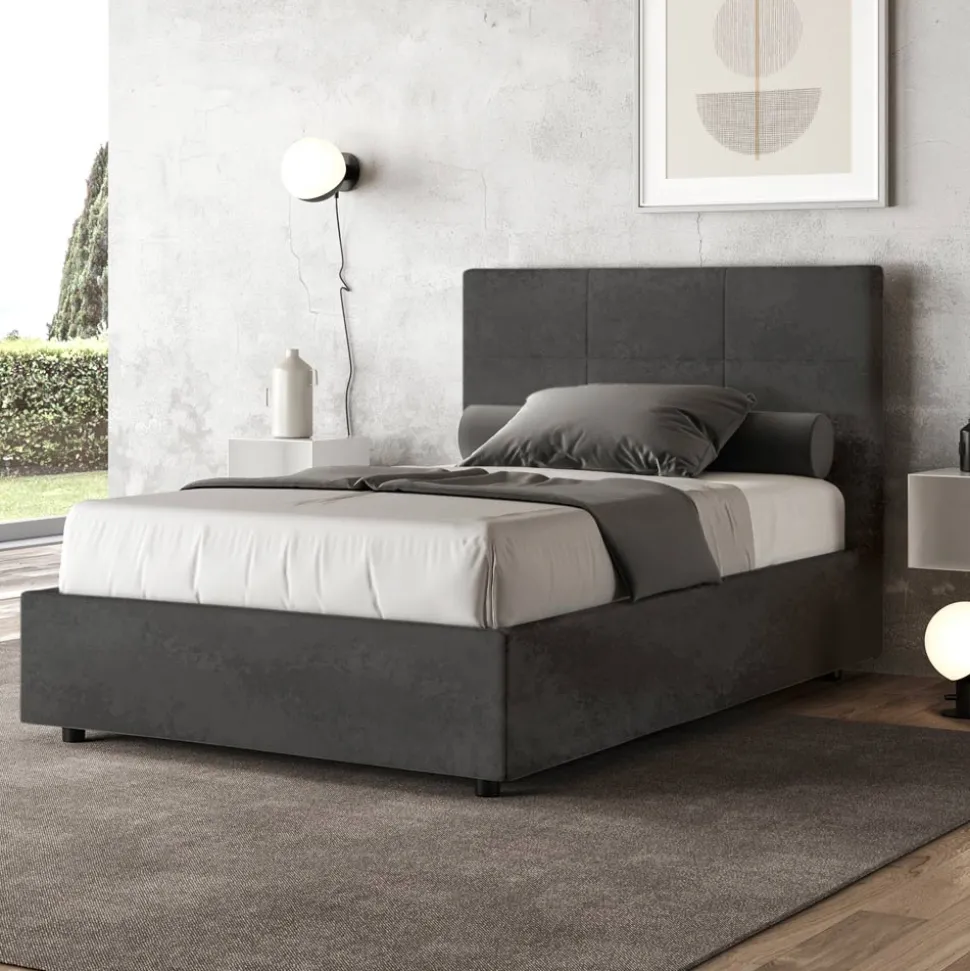 Letto 140x200 cm con Testata a Rettangoli in Microfibra Made in Italy - Brina